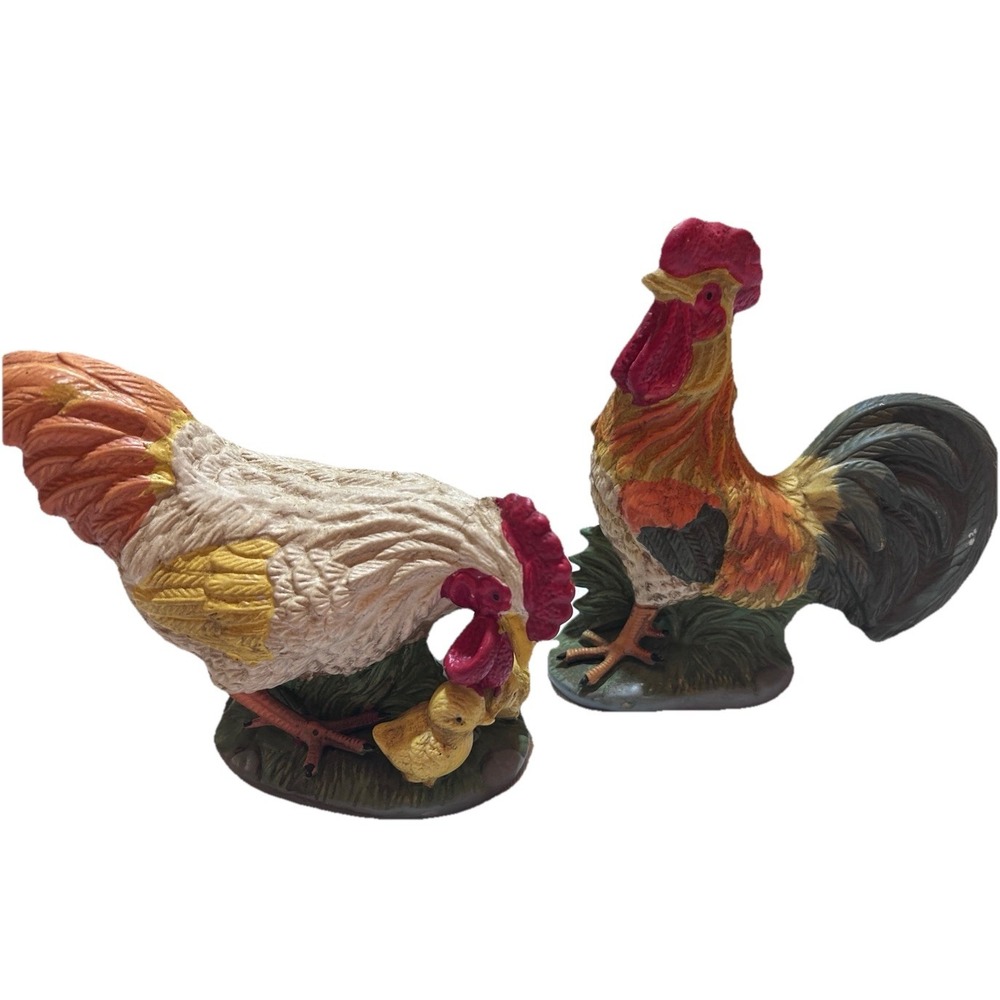 2 VTG Homco Rooster & Hen Chickens  Ceramic  Figurines‎ Farmhouse
